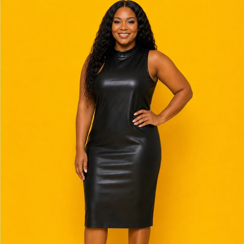 SHEIN Black Faux Leather High-Neck Sleeveless Midi Dress